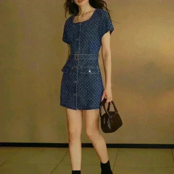 Blue Women's Flap Detail Buckle Belted Swiss Dot Denim Dress - Picture 5 of 8